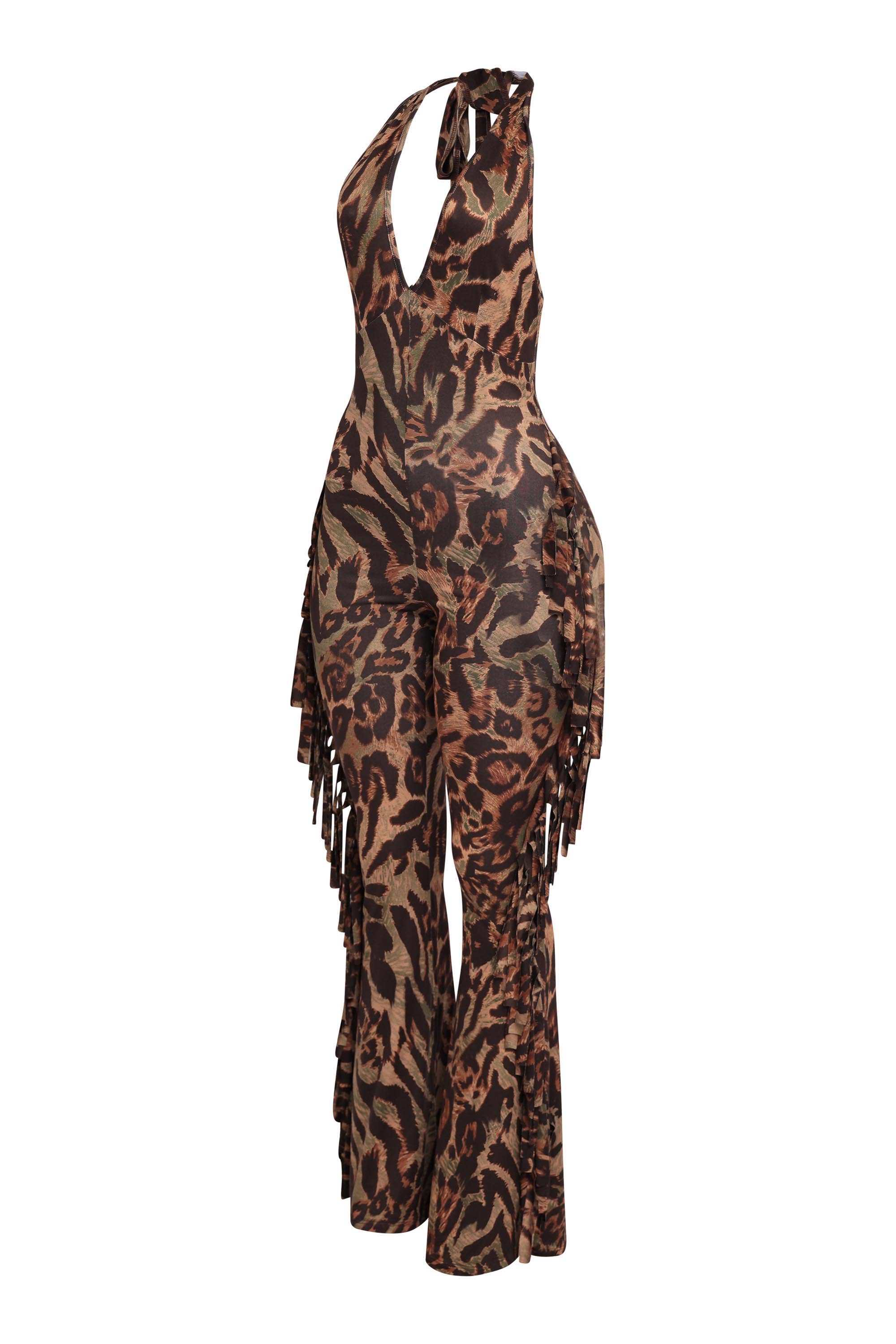 Jumanji halter fringe jumpsuit