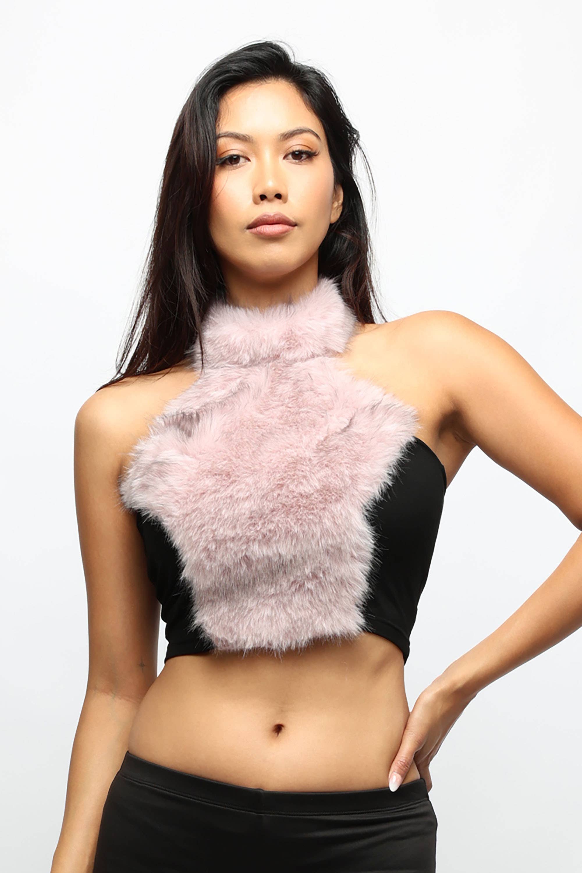 [SELECT]Fur halter open back crop top